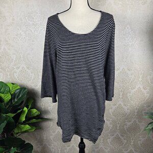 PureJill Size Large Black White Striped Asymmetric Button Tunic Top 3/4 Sleeves